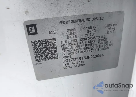 2018 Chevrolet Malibu Lt z USA, uszkodzony, nr VIN 1G1ZD5ST5JF213064